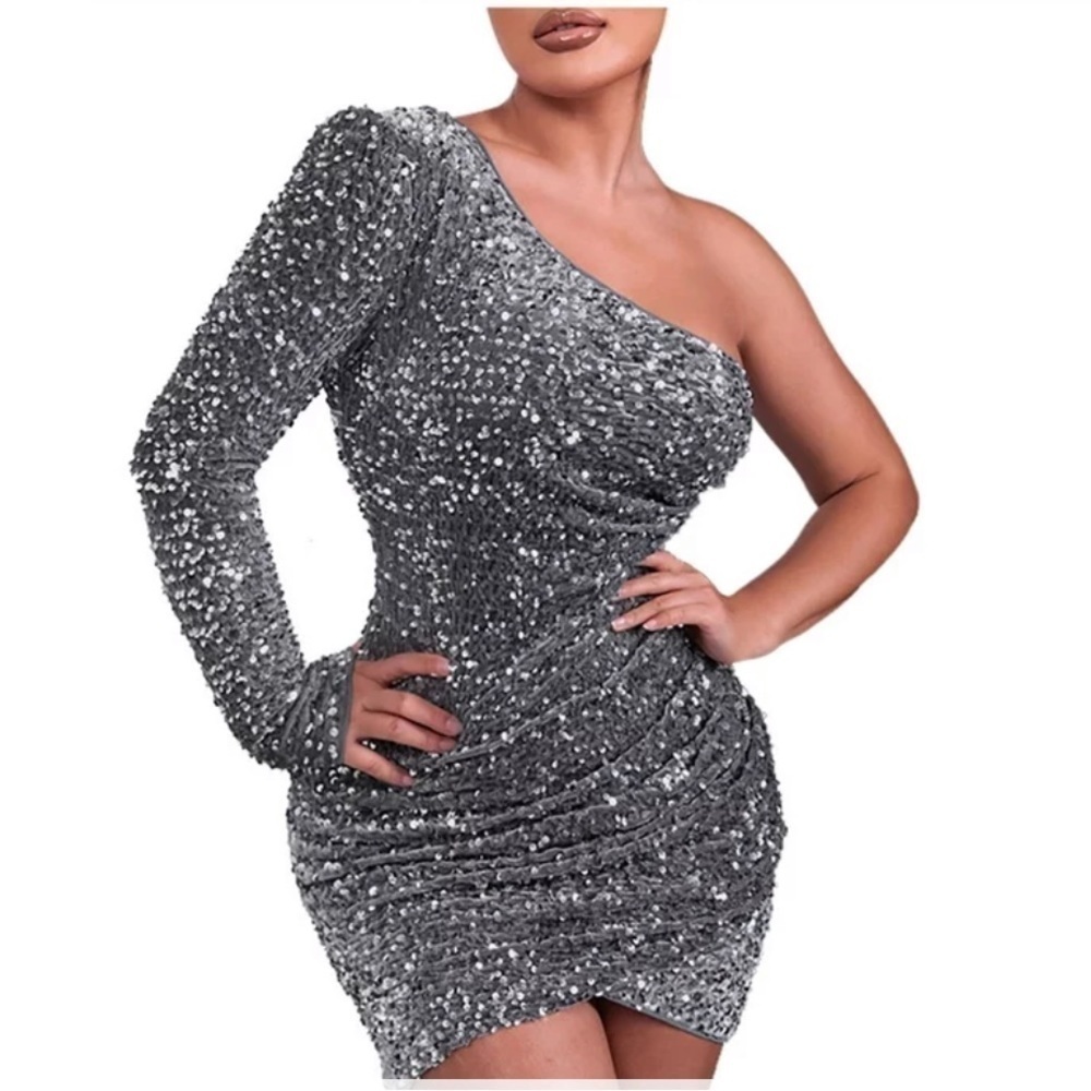 Vintage One Shoulder Glamorous Long Sleeve Sequins Grey Body con Mini Dress NWOT